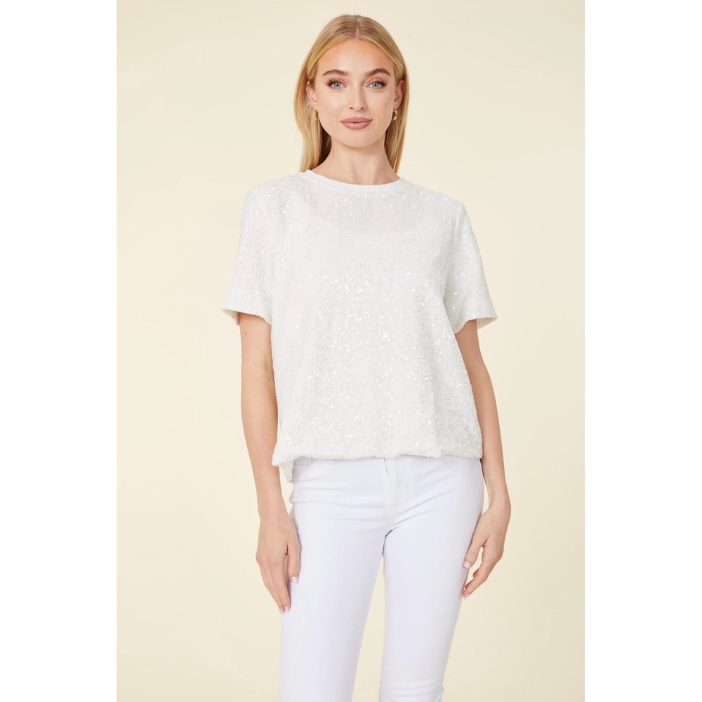 Dolce‎ Cabo White Sequin Short Sleeve Crew Neck Glam Party T-Shirt